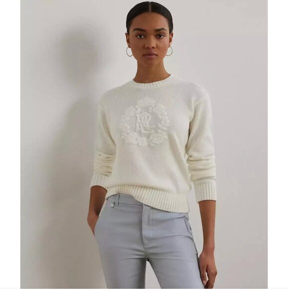 Ralph Lauren Women's Floral-Logo Combed Cotton Sweater Size 2XL
